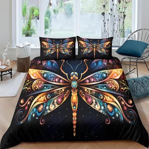 Housse de couette 200x200 cm parure de lit imprimé libellule microfibre zipper - 2