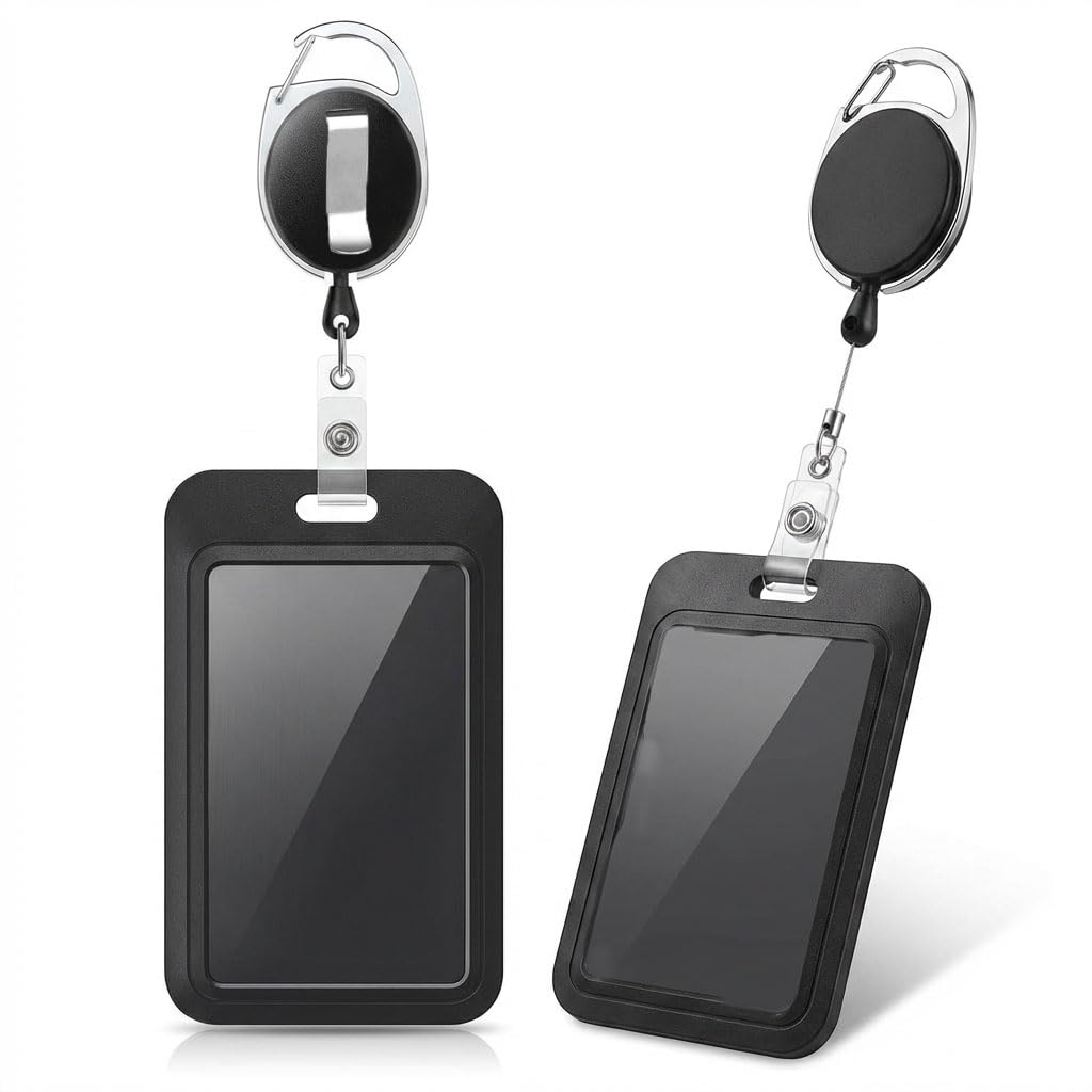 LUCTHY Retractable Badge Holder with Vertical Double-Sided ID Card Holder, 2 Pack Heavy Duty Badge Reel with 65 cm Cord for Office, School, Hospital, Black (Vertical-2Pack)