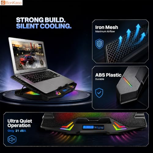 Image of Bonkaso RGB Laptop Cooling Pad for Up to 15.6 Inch Laptops, 6 High-Speed Fans, 1900 RPM, Digital LED Display, 5-Level Height Adjustment, Dual USB, Iron Mesh, Ultra-Quiet