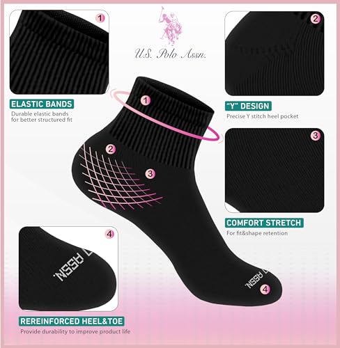 Image of U.S. Polo Assn. 10 Pair Women's QUARTER Length Casual Socks - Moisture Control Running & Breathable Socks - Shoe Size 4-10, BLK /GRY /WHT 7655