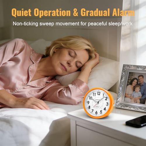 Image of Lamisola 4 Inch Alarm Clock for Bedrooms, Small Analog Desk Clock, Orange | Battery Operated Bedside Clock for Bedroom Bathroom Home Nightstand Shelf, Night Light Snooze, Minimalist Clocks for Seniors