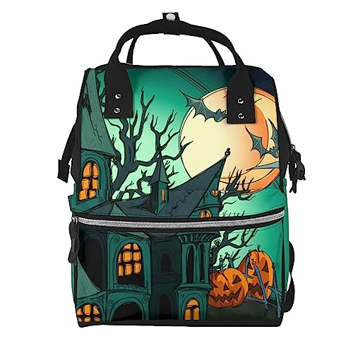 Sac à dos à couches Halloween avec compartiment PC portable imprimé citrouilles et château