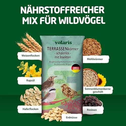 Eggersmann volaris Terrassenkörner mit Insekten 2,5 kg – Schalenfreies Wildvogelfutter mit Mehlwürmern, Sonnenblumenkernen UVM. – Ganzjahresfutter, Protein- & energiereich – Streufutter für Wildvögel
