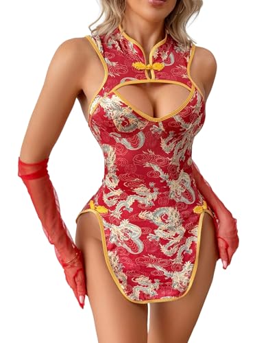 Image of Alrovetoney Sexy Lingerie Fantasy Costume Sexy Series Printed Cut-Out Slit Women's Costume Red S-XXL