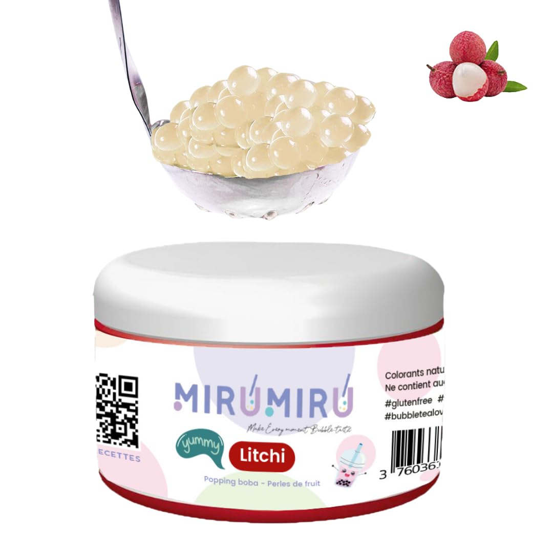 MiruMiru - POPPING BOBA ORIGINAL pour Bubble tea - Litchi - 140g - sans colorants artificiels, moins de sucre, 100% VÉGÉTALIEN et SANS GLUTEN