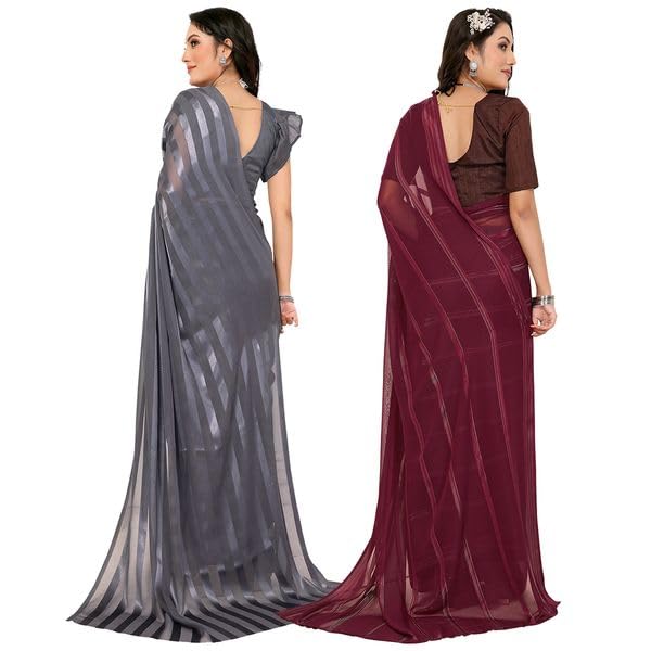 Image of Women's Multicolor Satin Striped Printed Saree with Unstitched Blouse Piece (Pack of 2) P2 MD RS WB SAT6001 1 WB SAT6010 4 BZ