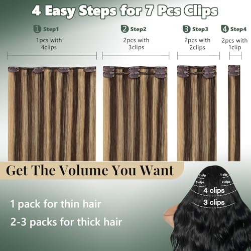 Image of Ugeat Clip in Extensions Human Hair Highlights 14 Inch 7pcs 105g | Hair Extensions Clip ins Real Human Hair , Quick Changes , Chocolate Brown Highlights Caramel Blonde
