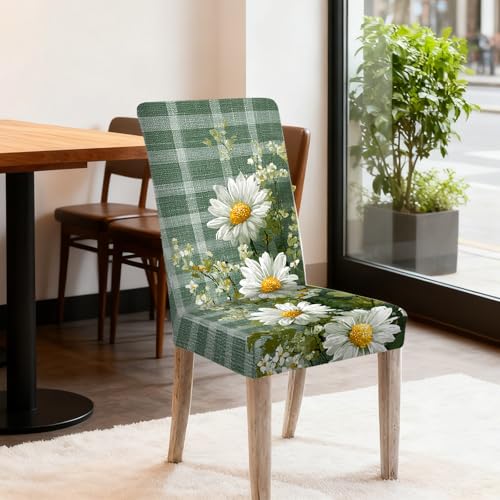 Image of Nuxovilar 6PCS Daisy Plaid Pattern Milk Silk Dining Seat Covers | Stretch Slipcover Retro Protector Floral Plaid Wrap Seat Guard Dining Room Kitchen Breakfast Nook (Daisy Plaid)