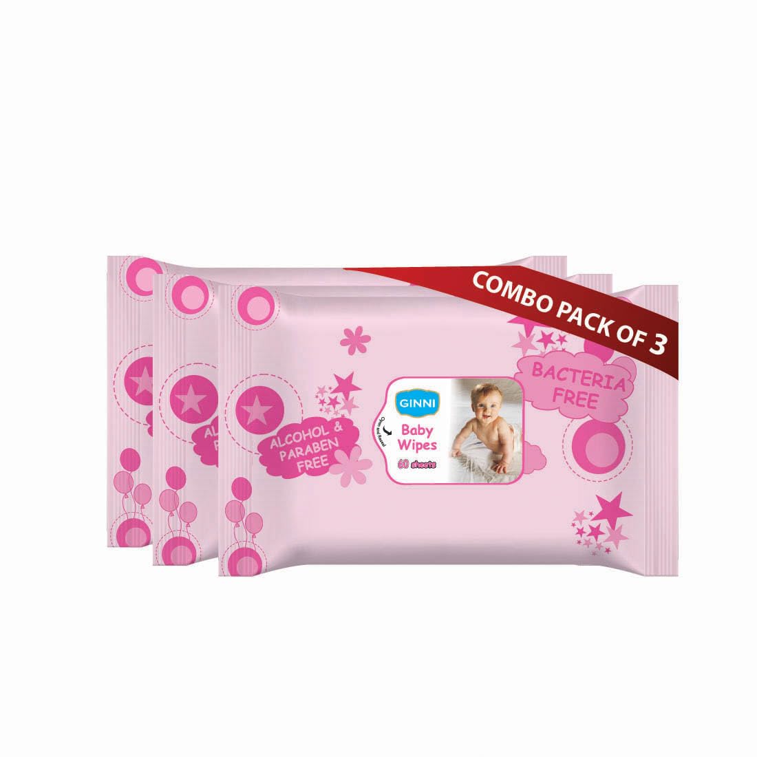 Ginni Premium Baby Wipes | Aloe Vera, Jojoba Oil & Vitamin E | Alcohol-Free | Gentle & Moisturizing for Sensitive Skin | Mild Fragrance | 60 Wipes Per Pack (Pack of 3) (150mm x 200mm)-image-28