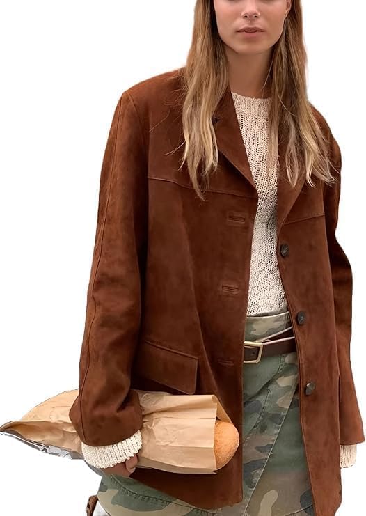 Women’s Brown Suede Leather Blazer - Oversized Casual Coat Streetwear Style Suede Jacket