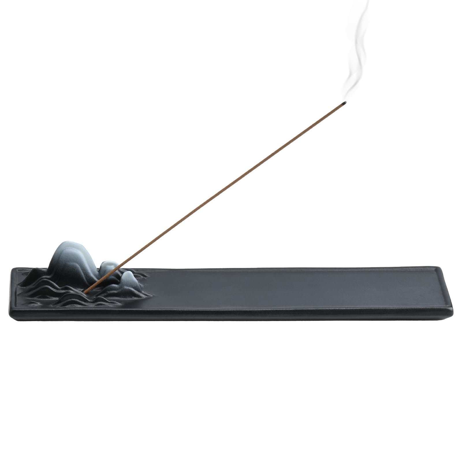 YoHyien Ceramic Incense Holder Tray, Mountain & Water Landscape Design Incense Stick Burner, Decorative Ash Catcher for Home, Meditation, Yoga, Aromatherapy (Black)