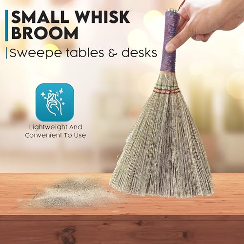 Image of Handmade Bamboo Grass Broom with Nylon Thread Handle - Angled Bristles for Sweeping Debris & Dust - Perfect for Carpet, Cobwebs & Dusting - Compact & Portable Cleaning Essential - 11 Inch