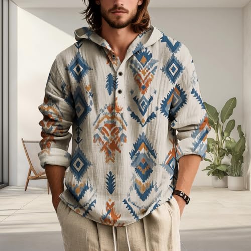 Men's Causal Pullover Hoodie Western Ethnic Aztec Print Henley Shirts Long Sleeve Loose Fit Fall Hooded Sweatshirt2