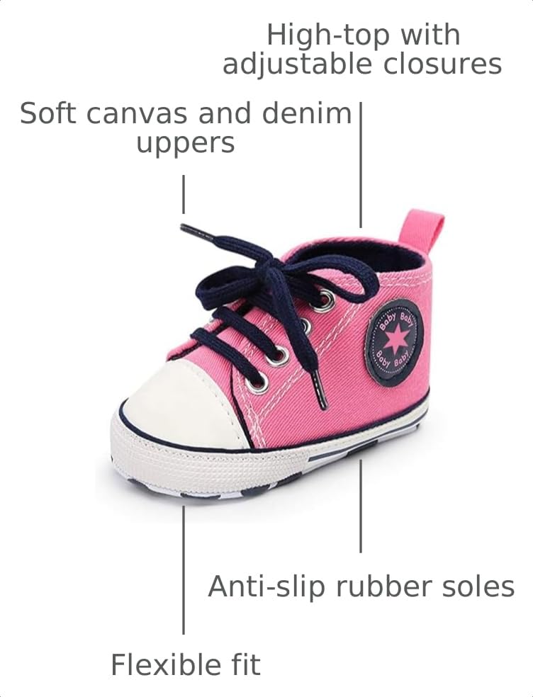 Image of Unisex Baby Boys Girls Shoes, Newborn Infant Non-Slip Canvas Denim High Top Sneakers, Toddler First Walkers Shoes