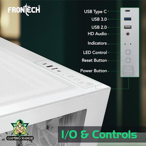 Image of Frontech Valour ATX Mid Tower Gaming Computer Cabinet | Tempered Glass Panels | 4 ARGB Fans | USB 3.0 & Type-C | White Gaming PC Cabinet(FT-4387)