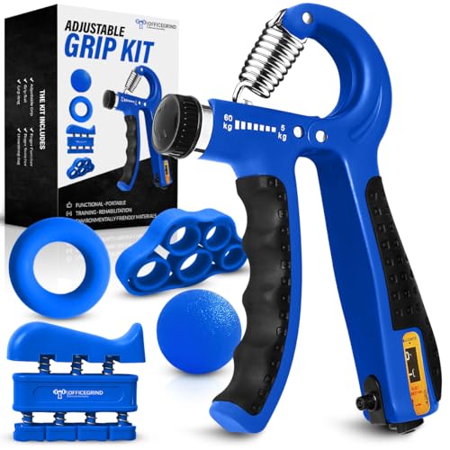 Grip Strength Trainer Kit with Finger Exerciser, Finger Stretcher, Forearm Grip Adjustable Hand Gripper, Exercise Grip Ring and Stress Relief Grip Ball for Athletes Muscle Trainer, Blue
