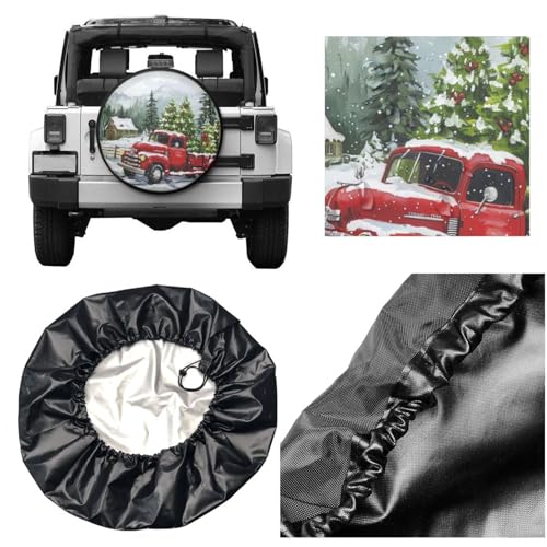 Image of Watercolor Christmas Red Truck Spare Tire Cover for Rv Trailer Camper- Cute Xmas Winter Waterproof Wheel Protectors Cover Universal Fit for Truck SUV Travel New Year Outdoor-14 inch