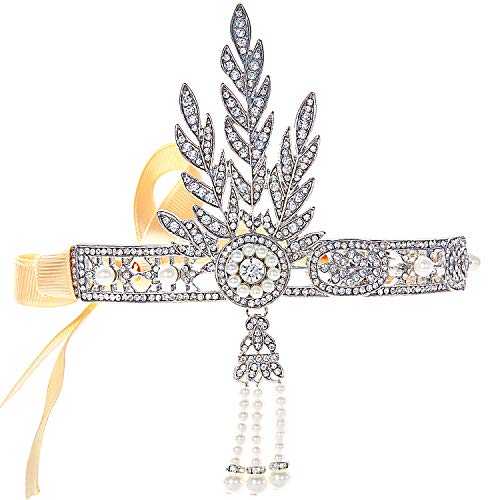 Coucoland 1920s Flapper Headband Roaring 20s Great Gatsby Inspired Headpiece Vintage 1920s Flapper Gatsby Accessories Leaf Style with Pearl Silver-Tone