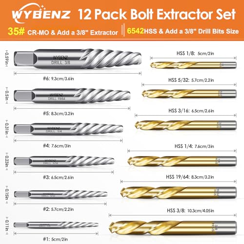 Image of 12 Pcs Screw Extractor and Left Hand Drill Bits Set, Easy Out Bolt Extractor Set Spiral Flute Stripped Screw Remover Reverse Cobalt HSS Steel Drill Bit for Remove Broken Tight Screws Bolts Studs | Broken Bolt Extractor Kit, 35# Cr-Mo & 6542 HSS Steel Cobalt, Stripped Screw Extractor Kit for Remove Broken Bolts & Screws