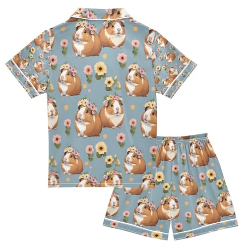 senya Cute Capybara Flower Satin Summer Pajama Sets Silk Short Sleeve Button Down Sleepwear2