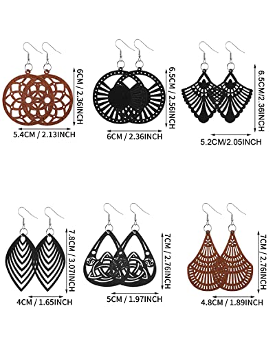 12 Pairs African Wooden Dangle Earrings Round Wood Painted Earring Geometric Pendant Wooden Earrings Lightweight Drop Earrings for Women3