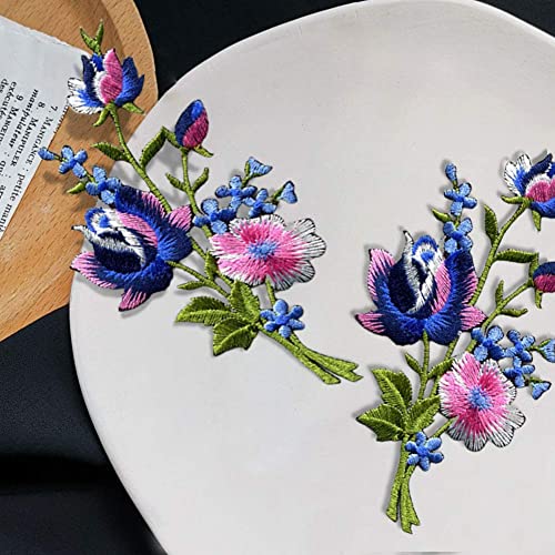 Renext Pink Blue Roses Pair Flowers Floral Bouquet Boho Embroidered Appliques Iron-Ons Patches New #TOP2