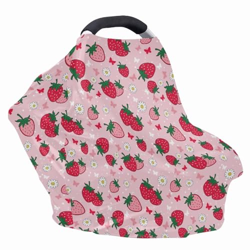 Image of Breast Feeding Cart Baby Car Seat Covers Canopy Cover, Pink Strawberry Nursing Cover and Carseat Cover, Shopping Cart Cover for Baby