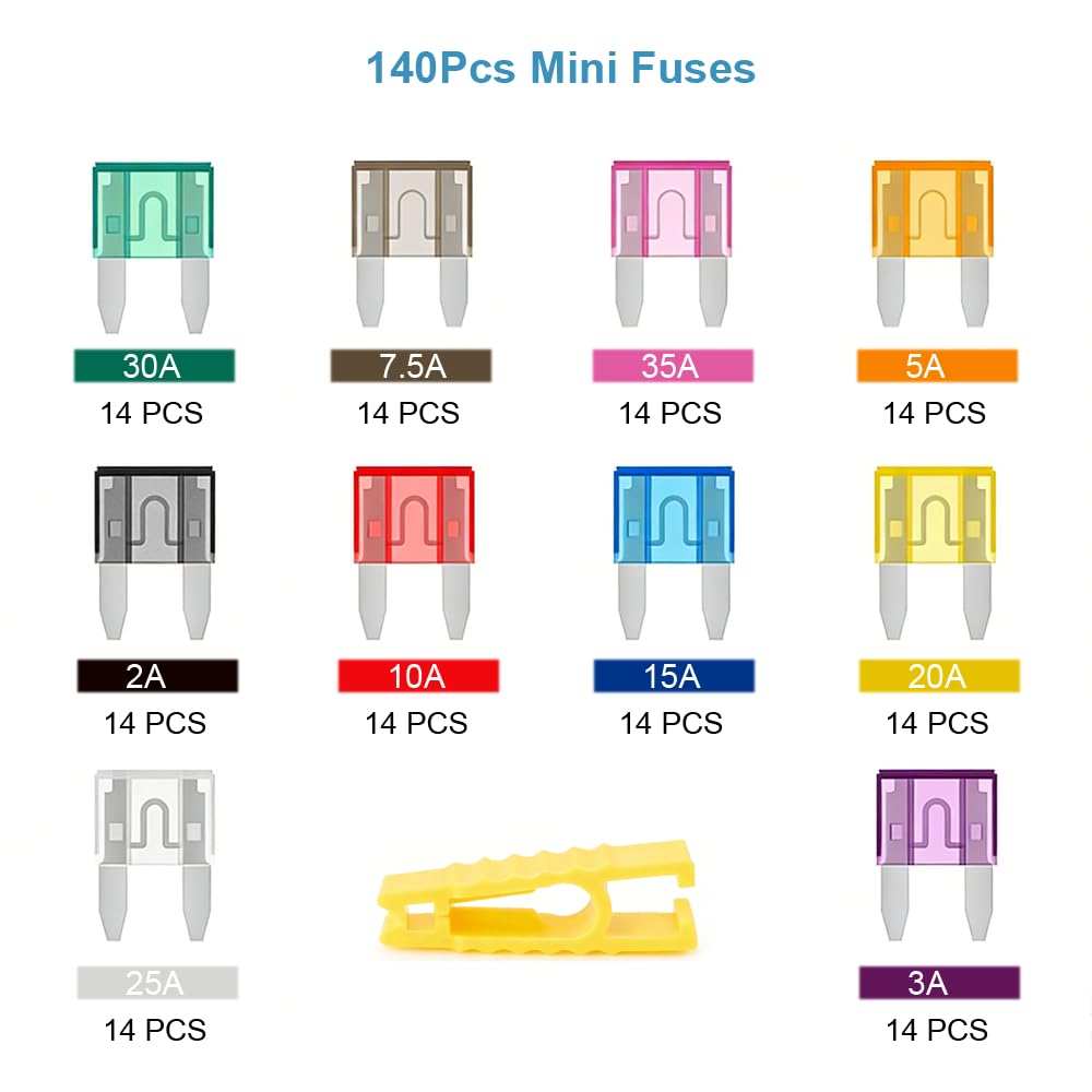 Kit surtido de 140 fusibles para coche, kit de fusibles de hoja automotriz con extractor, mini fusibles de repuesto de perfil bajo para camiones/caravanas/barcos/RV Essentials (2A, 3A, 5A