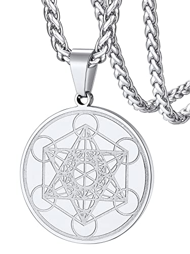 FaithHeart Metatron's Cube Necklace, Stainless Steel Sacred Geometric Metatron Pendant with 22 Inches Chain Jewelry for Men Spiritual Protection Medal Customizable -Silver