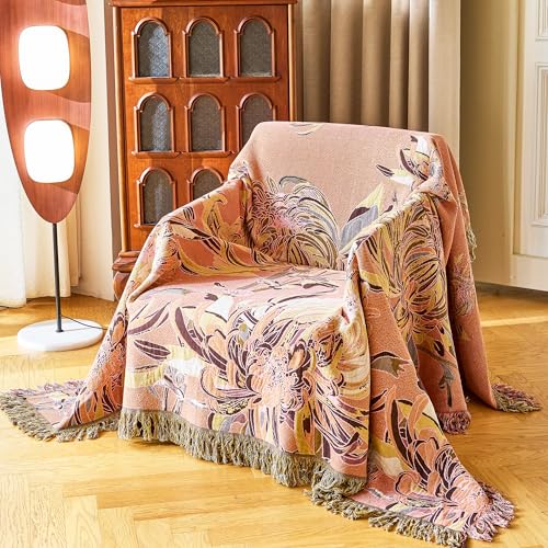 Image of VANJOROY Boho Throw Blanket 60 inch x 80 inch, 100% Organic Cotton Breathable Skin-Friendly Ultra Soft Bed Quilt Throw - Floral Rustic Decor Luxury Reversible Blanket for Sofa Couch Chair and Gift,