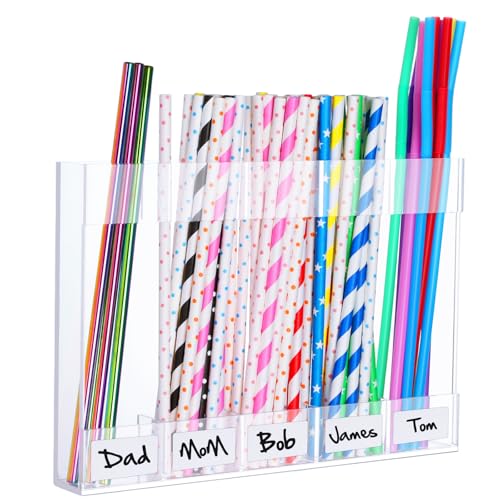 9.5'' Large Acrylic Straw Holder for Cabinet Door with Ultra Sticky Adhesive Squares and Stickers,Reusable Straws Organizer Storage Dispenser for Kitchen Counter Cupboard(Transparent)