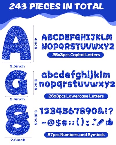 Image of 243 Pcs Glitter Bulletin Board Letters, Numbers and Punctuation 4 Inch | Cut Out Letters for Bulletin Board Decorations, Poster Board Letters Alphabet Cutouts for Classroom Wall Decor (Blue)