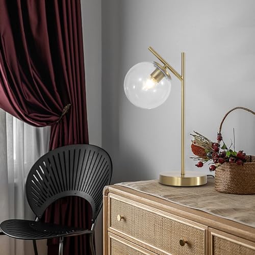 Image of Mid Century Modern Table Lamp, Contemporary Metal Brass Bedside Lamps with Clear Glass lampshade, Gold Globe Nightstand Lamp for Bedroom Living Room Study Room