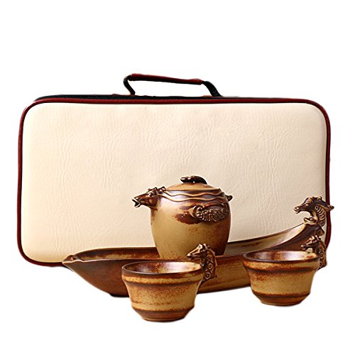 5pcs Chinese Folk Countryside Pottery Clay Tea Set 1 Tea Pot 2 Cups 1 Tea Tray 1 Travel Pack Handbag Horse Pattern