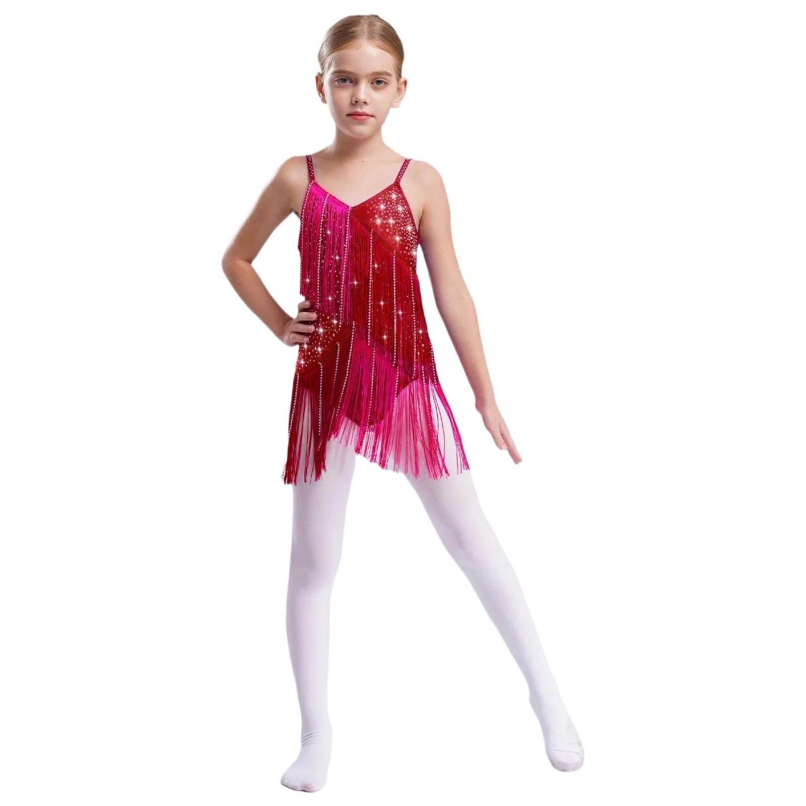 Leotardos de Samba y Salsa con borlas for niñas, Ropa de Baile de Jazz y Tango, con Brillantes Diamantes de imitación y Vestidos de Patinaje artístico.(Blue,16)