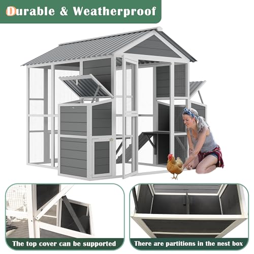 Outdoor Wooden Chicken Coop for 10 Chickens,Large Hen House Poultry Habitat Pet Hutch Run Cage with 2 Chicken Nesting Boxes,Walk in Chicken Coops Run W/Ramp and Run,Waterproof Roof,(80"×82"×69") - Image 6