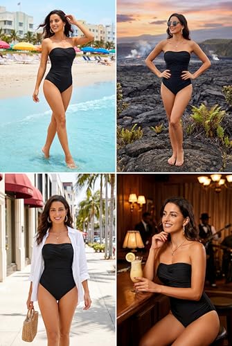 Image of Smismivo Tummy Control Swimwear Strapless One Piece Swimsuit Ruched Bathing Suits for Women Slimming Bandeau Tube Top Bikini