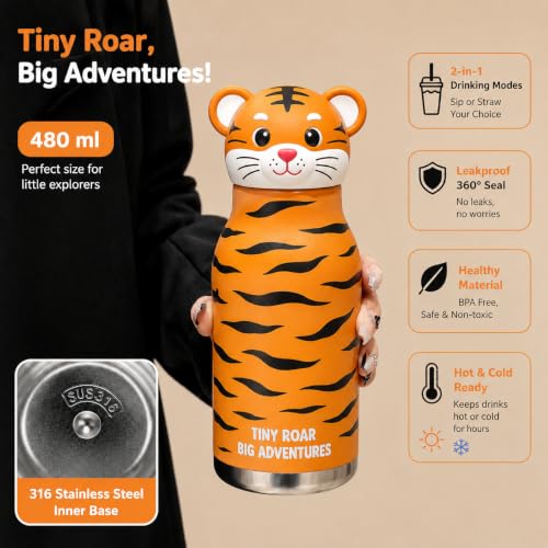Image of 480ml Stainless Steel Sipper Water Bottle with Straw | Leakproof Animal Sipper Bottle | Reusable Drinking Bottle for School, Travel & Daily Use (Tiger)