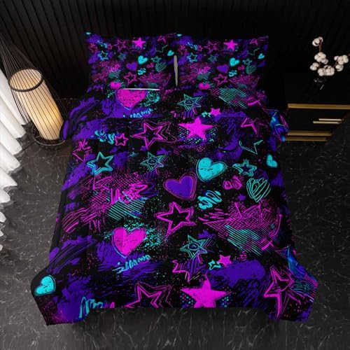 Image of Nttopship Purple Stars Comforter Set Twin Size,Galaxy Starry Printed Bedding Set,Purple Heart Room Decor with Soft and Lightweight Comforter and 2 Pillowcases