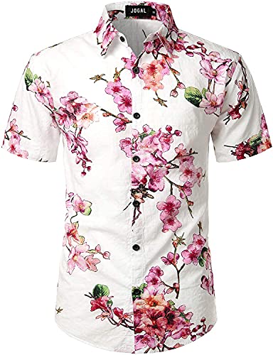 Jogal Men's Flower Casual Button Down Short Sleeve Hawaiian Shirt Suits (White Pink, X-Large) #TOP2