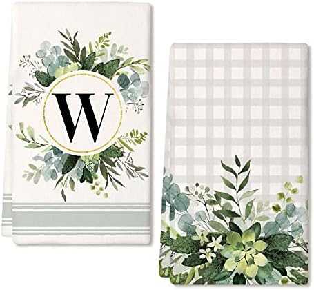 GEEORY Monogram Letter W Kitchen Towels for Home Decor Eucalyptus Leaves Family Last Name Initial Dish Towels 18x26 Inch Ultra Absorbent Bar Drying Cloth Hand Towel Bathroom Decorations Set of 2