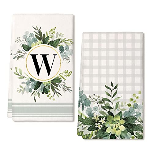 Geeory Monogram Letter W Kitchen Towels For Home Decor Eucalyptus Leaves Family Last Name Initial Dish Towels 18X26 Inch Ultra Absorbent Bar Drying Cloth Hand Towel Bathroom Decorations Set Of 2 #TOP1