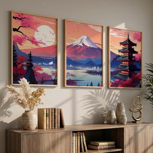 Image of kotart Big Aesthetic Mount Fuji Wall Art Paintings | Mountain Landscape Framed Painting | Nature Art Vastu Frames for Living Room Bedroom Wall Decor Set Of 3 (20x30 Inch)