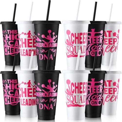Nuogo Cheerleader Gifts Bulk for Team 24 oz Tumblers with Straws and Lids White Black Tumbler Cheer Water Bottles for Girls Cheer Team Gifts Plastic Travel Cups for Cheerleader(Pink,12 Pcs)