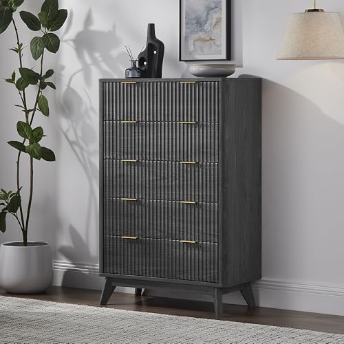 Image of T4TREAM Fluted 5 Drawers Dresser, 48 inch Tall Modern Chest of Drawers, Curved Profile Design, Wood Drawer Organizer for Bedroom, Living Room, Hallway, Entryway, Dark Alder