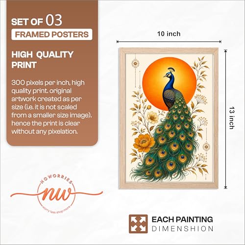 Image of NoWorries Floral Peacock Wall Art Set of 3 Framed Prints | Indian Traditional Botanical Painting, Royal Peacock & Lotus Flower Poster, Vintage Rajasthani Wall Decor for Living Room Bedroom Home (Synthetic Engineered Wooden Frame) (MIN -1, 10x13 inches)
