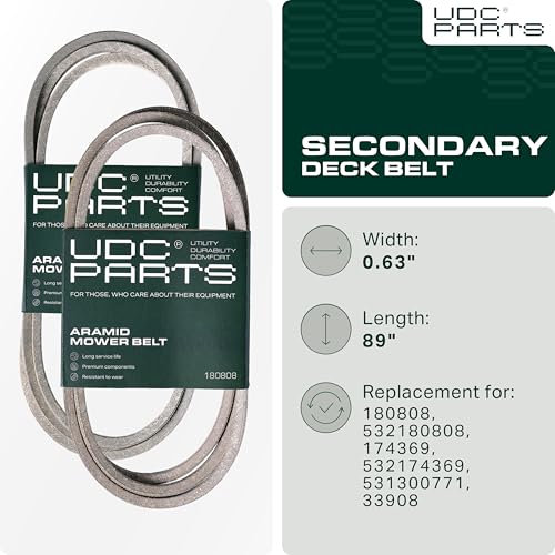 Image of UDC Parts 180808 Secondary Deck Belt Replacement for Craftsman 48 Inch 532180808 174369 Husqvarna AYP 532174369 GT5000 YTH2148 YTH2048 YTH2248 YTH1848XP YTH2448 Lawn Mower /Aramid Cord / 89.00 inches