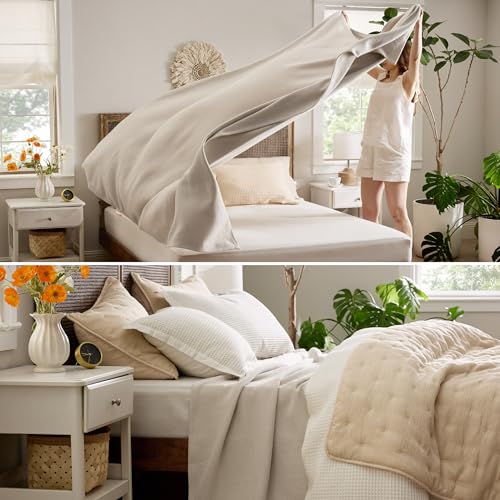 Bedsure GentleSoft 100% Cotton Blanket Queen Size for Bed - Breathable and Lightweight, Soft Cozy Textured Herringbone Woven Blanket for Summer, Linen Beige, 90x90 inches - Image 5