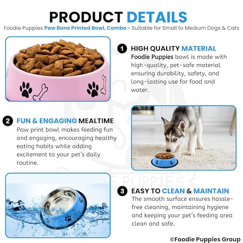 Image of Foodie Puppies Stainless Steel Dog Bowl Combo - (Medium, 700ml) Food and Water Feeding Gift Bowl | Suitable for Dogs, Cats and Other Pets I Paw Bone Print, Anti-Skid Rubber Base (Pink + Sky Blue)