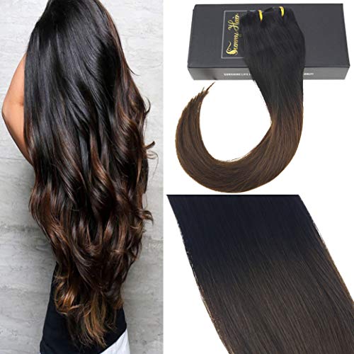 Sunny 16" Remy Ombre Clip Human Human Extensions #1B Natural Black to #4 Dark Brown Clip in Ombre Hair Extensions Human Hair Straight Clip in Extensions 7 Pcs 120 Gram